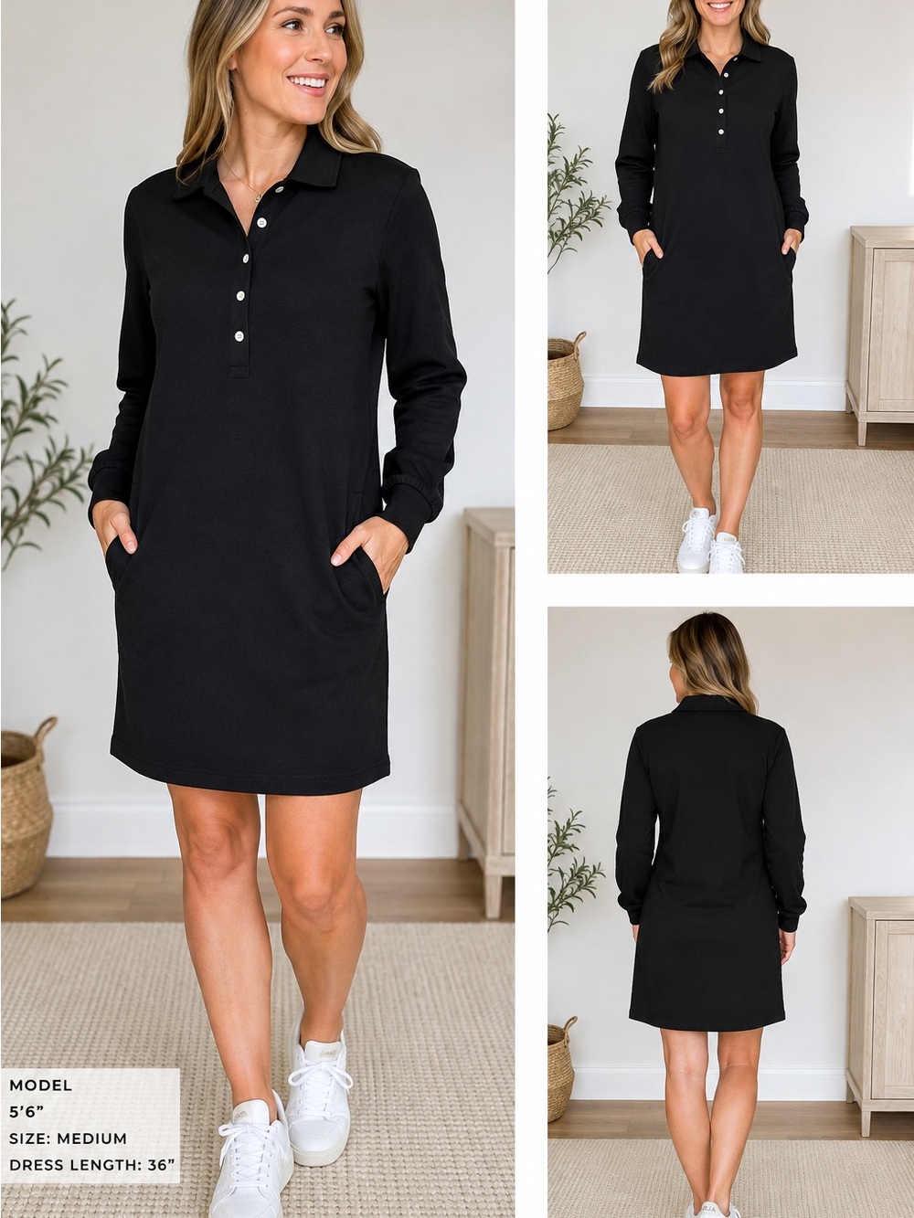 Tuckernuck Black Long Sleeve Polo Dress Women’s M NWOT Cotton Pique 2 Pockets